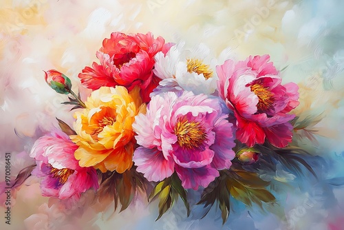 Colorful Peony Bouquet Painting, Floral Art photo