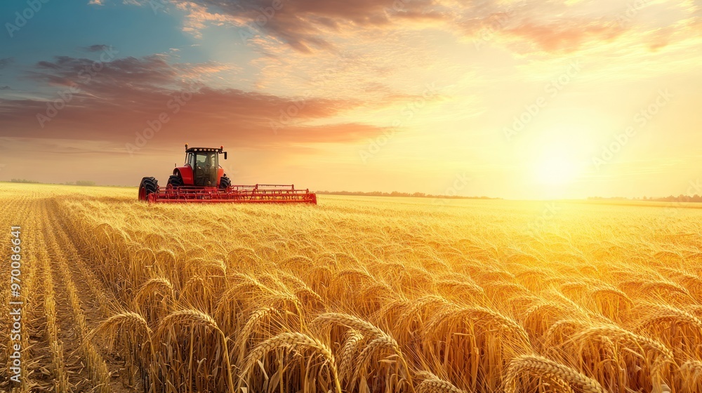 Fototapeta premium Red Tractor Harvesting Wheat at Sunset