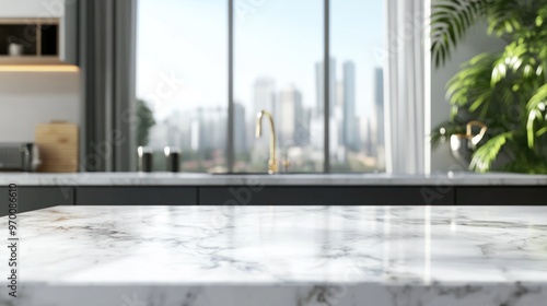 Marble Countertop in a Modern Kitchen with City View