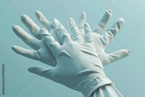 Close-up of multiple gloved hands preparing for a medical procedure, symbolizing cleanliness and safety in healthcare environments.