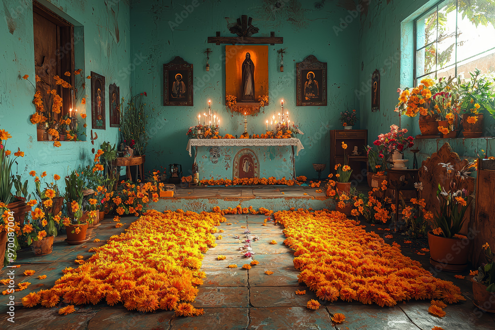 Φωτογραφία A reflective scene of a quiet Day of the Dead ceremony in a small chapel, with soft lighting and meaningful symbols honoring those who have passed
