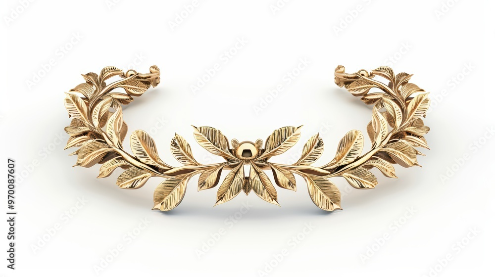 Fototapeta premium Elegant gold crown featuring intricate leaf designs and a central gemstone, perfect for regal or bridal themes.
