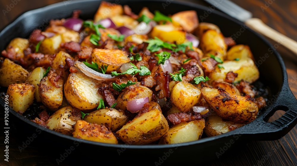 Fried potatoes with bacon and onions