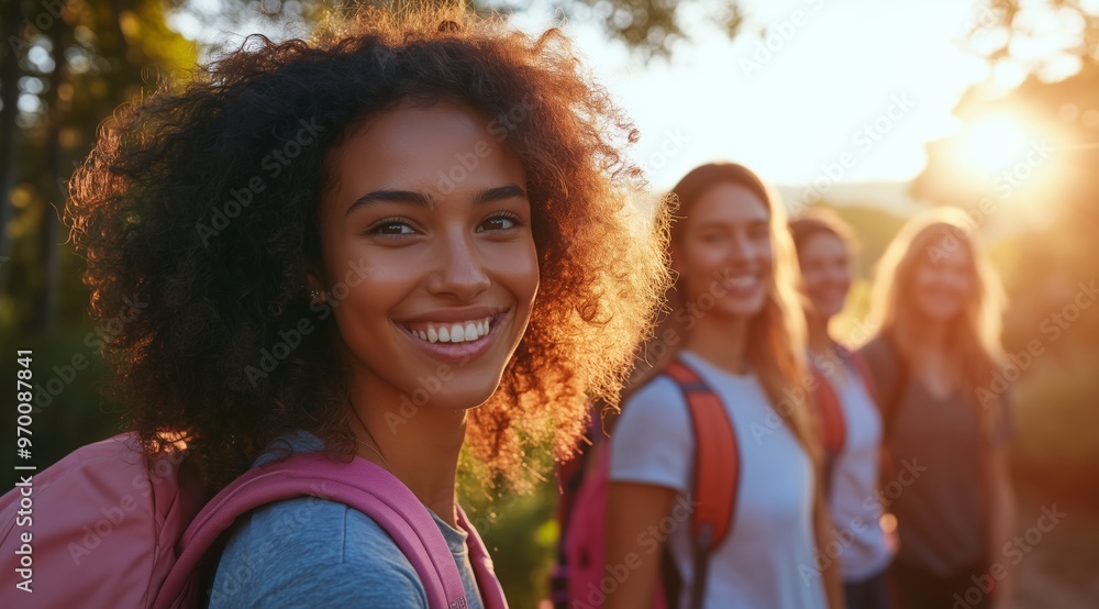Smiling Multiethnic Women Hiking Outdoors in Morning Sunlight with Focus on Woman in Pink Backpack Smiling Multiethnic Women Hiking Outdoors in Morning Sunlight with Focus on Woman in Pink Backpack