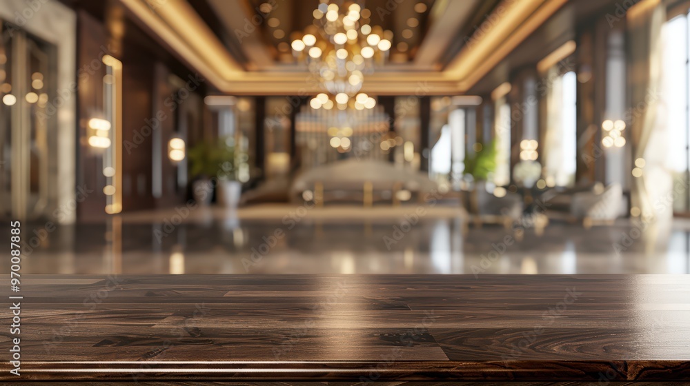 Fototapeta premium Elegant wooden table surface with a blurred luxury hotel interior in the background, showcasing opulence and sophistication.