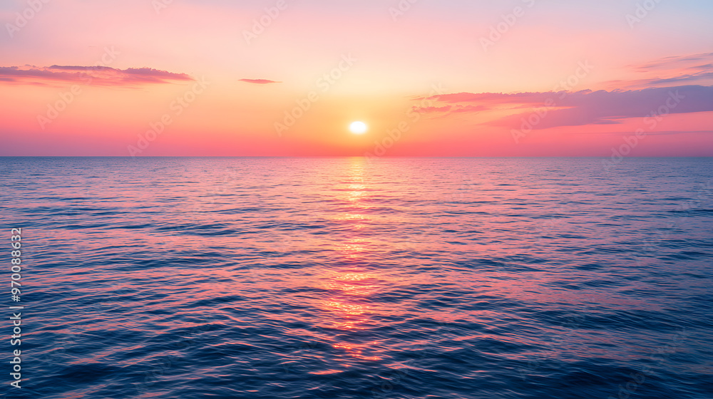 Obraz premium A serene sunset over a calm ocean with the sun dipping below the horizon and the sky painted in shades of orange pink and purple.