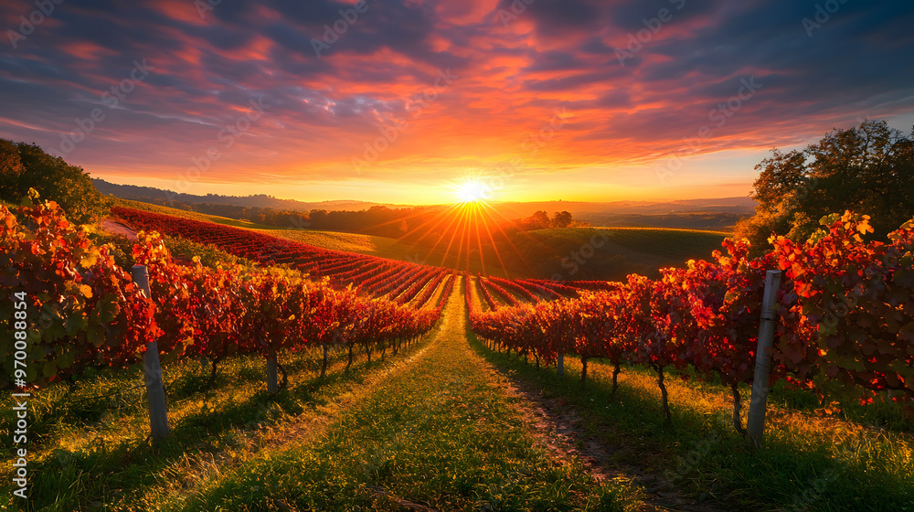 Fototapeta premium A serene sunset over a vineyard in autumn with the grapevines turning shades of red and gold and the sun casting a warm light over the rolling hills.