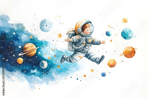 A joyful watercolor poster featuring a happy little astronaut in space, perfect for children's rooms or educational settings, sparking imagination and adventure.
