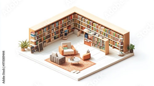 Isometric View of a Book-Filled Room with Armchairs and a Coffee Table