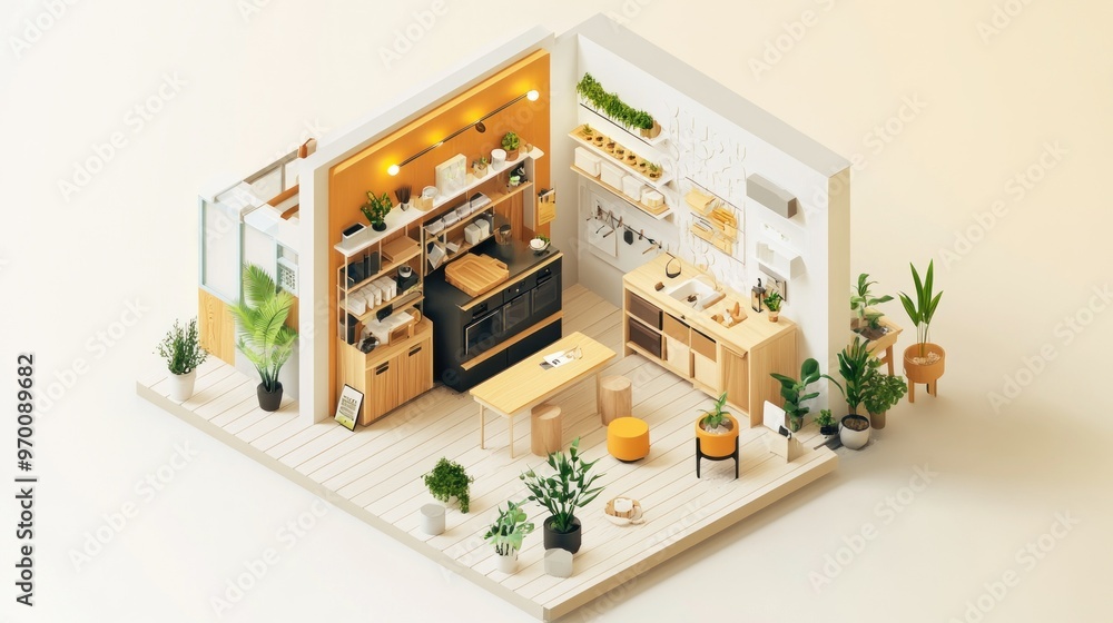 Isometric View of a Miniature Kitchen with Plants Isometric View of a Miniature Kitchen with Plants