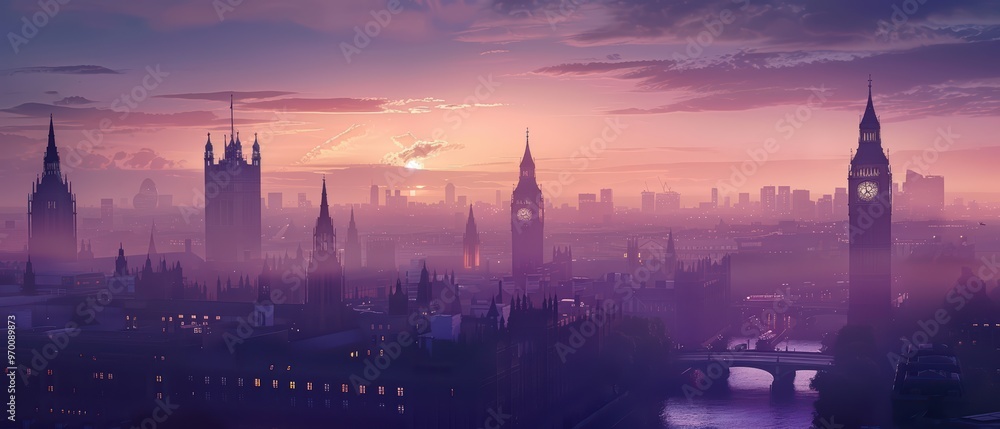 Scenic London skyline at dusk with iconic features silhouetted against a vibrant sunset sky. Perfect for travel and city themes. Scenic London skyline at dusk with iconic features silhouetted against a vibrant sunset sky. Perfect for travel and city themes.