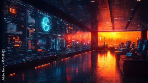 Futuristic Control Room with City Skyline View