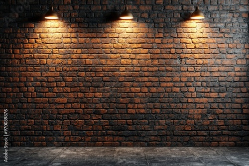 Brick Wall with Three Hanging Lamps and a Concrete Floor photo