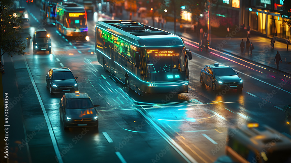 A smart city concept with autonomous electric buses navigating through traffic seamlessly. A smart city concept with autonomous electric buses navigating through traffic seamlessly.