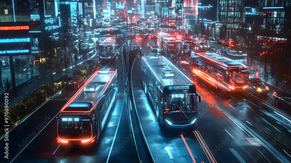 A smart city concept with autonomous electric buses navigating through traffic seamlessly. A smart city concept with autonomous electric buses navigating through traffic seamlessly.
