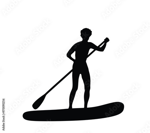 Woman riding sup board on water vector silhouette illustration isolated. Swim suit lady surfer recreation outdoor. Bikini sport girl standing with paddle on board shape. Active female recreation. 
