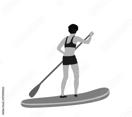 Woman riding sup board on water vector illustration isolated. Swim suit lady surfer recreation outdoor. Bikini sport girl standing with paddle on board sea summer enjoy . Active female recreation. 