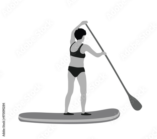 Woman riding sup board on water vector illustration isolated. Swim suit lady surfer recreation outdoor. Bikini sport girl standing with paddle on board sea summer enjoy . Active female recreation. 