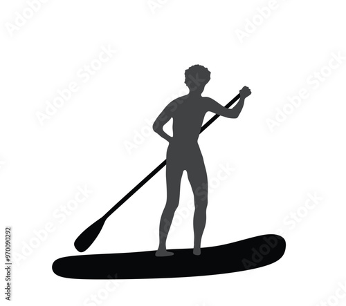 Woman riding sup board on water vector silhouette illustration isolated. Swim suit lady surfer recreation outdoor. Bikini sport girl standing with paddle on board shape. Active female recreation. 