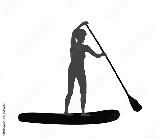 Woman riding sup board on water vector silhouette illustration isolated. Swim suit lady surfer recreation outdoor. Bikini sport girl standing with paddle on board shape. Active female recreation. 