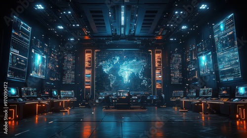 Futuristic Control Room with World Map Display