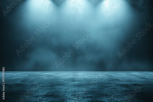 A Dark  Foggy Room with Three Spotlights Illuminating a Concrete Floor