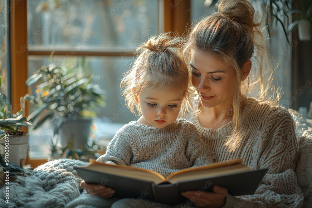 A child and their parent reading a book together in a cozy living room, sharing a moment of learning and affection. Concept of family time and education. A child and their parent reading a book together in a cozy living room, sharing a moment of learning and affection. Concept of family time and education.