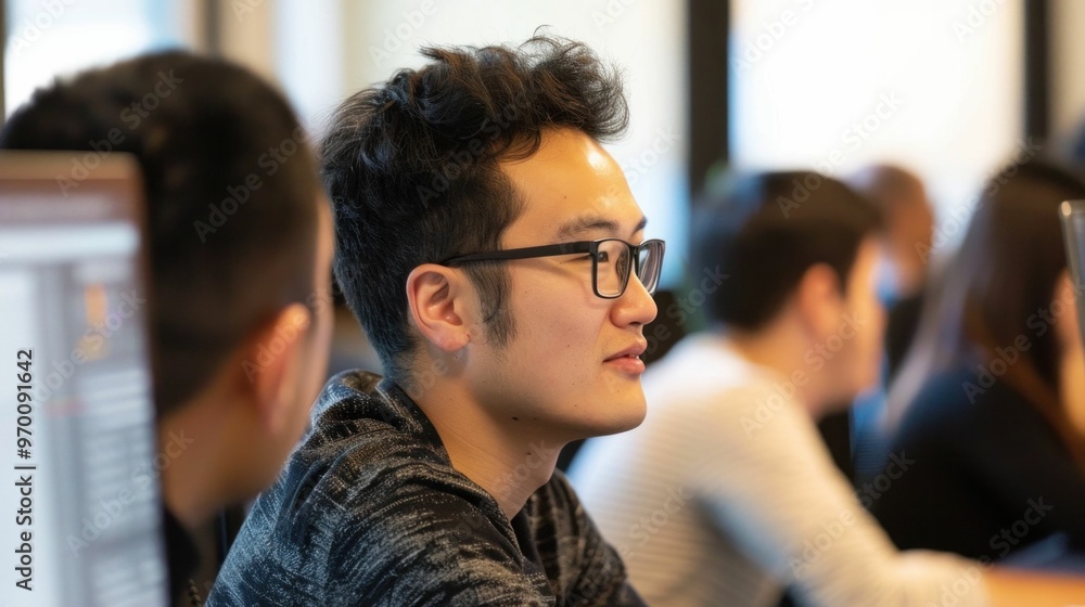 young adult male in a classroom setting, focused expression, engaged in discussion, modern learning environment, diverse group of students, soft lighting, neutral colors, teamwork concept young adult male in a classroom setting, focused expression, engaged in discussion, modern learning environment, diverse group of students, soft lighting, neutral colors, teamwork concept