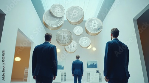 Three Businessmen Looking Up at Floating Bitcoin Coins in a Modern Office photo