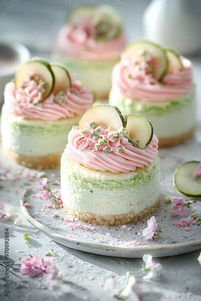 Close up of mini cheesecakes with cucumber topping and pink frosting, delicate and pastel colored. Close up of mini cheesecakes with cucumber topping and pink frosting, delicate and pastel colored.