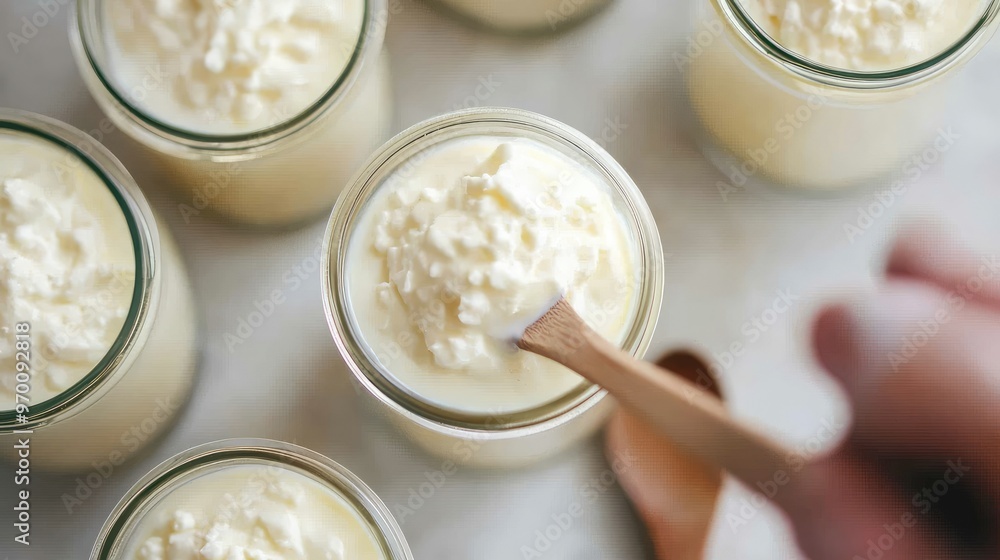 Homemade Greek yogurt in glass jars with wooden spoon. Homemade Greek yogurt in glass jars with wooden spoon.