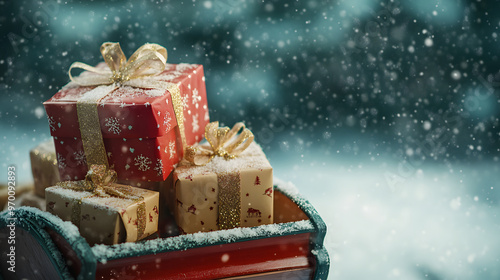 A stack of Christmas gifts in a sleigh ready to be delivered with a snowy background. photo