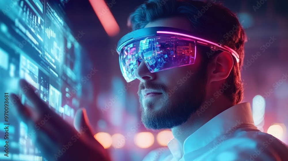 Man wearing futuristic glasses interacts with a digital display. Man wearing futuristic glasses interacts with a digital display.