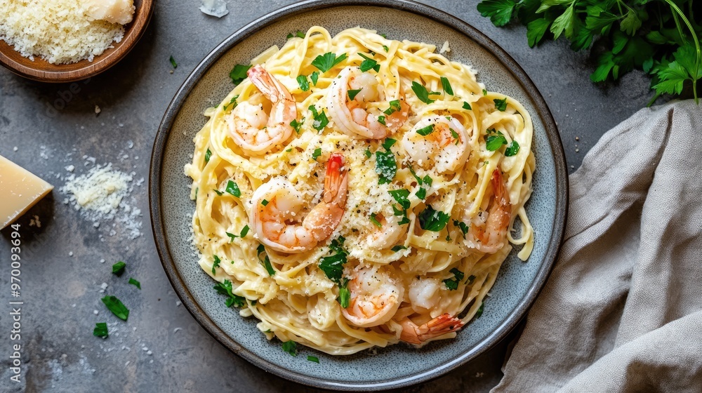 Creamy Shrimp Pasta with Parmesan Cheese and Parsley. Creamy Shrimp Pasta with Parmesan Cheese and Parsley.