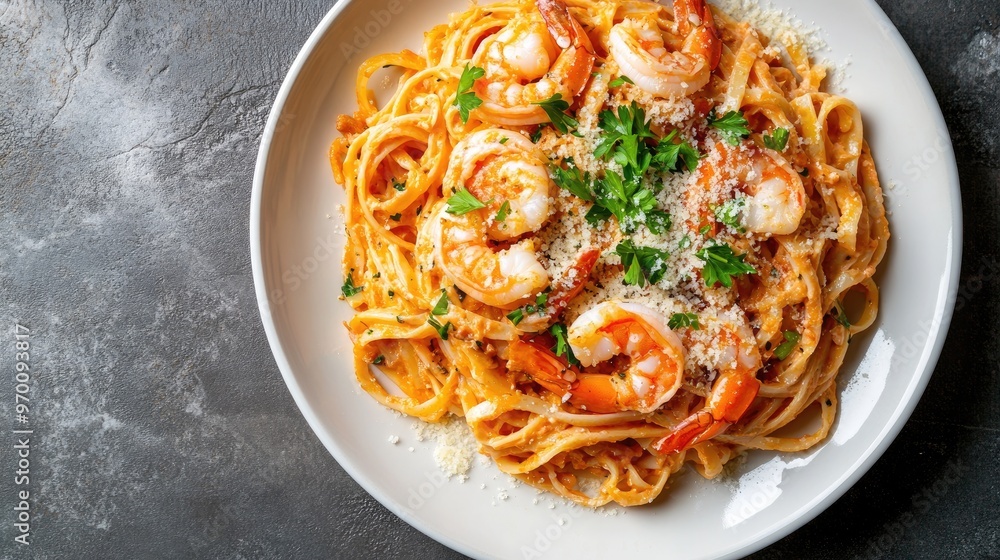 Close-up of shrimp pasta with Parmesan cheese and parsley. Close-up of shrimp pasta with Parmesan cheese and parsley.