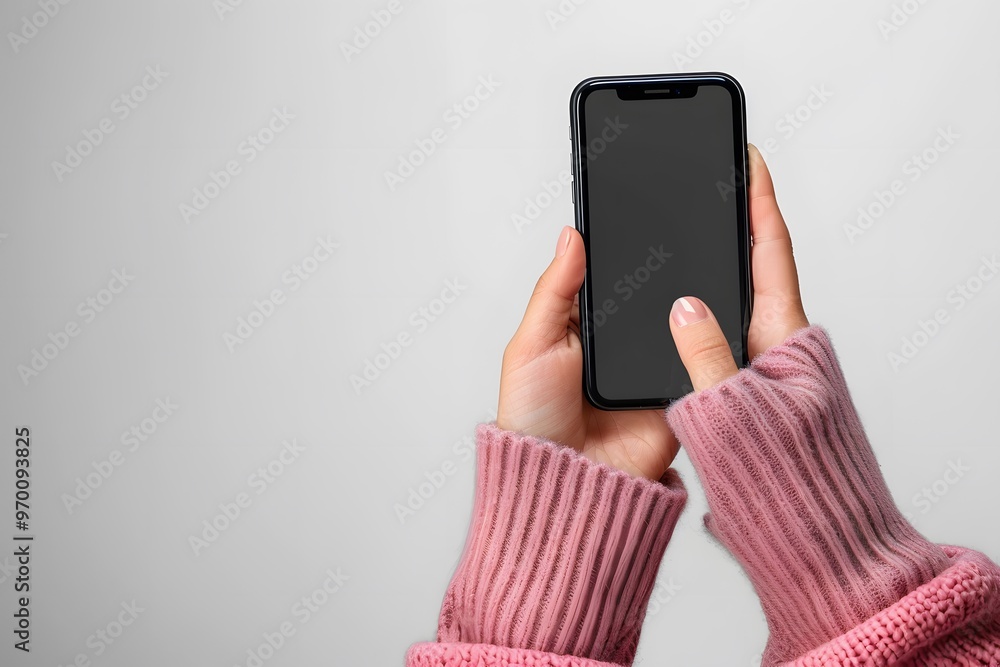 Cozy Hands Holding a Smartphone Against a Soft Background Cozy Hands Holding a Smartphone Against a Soft Background