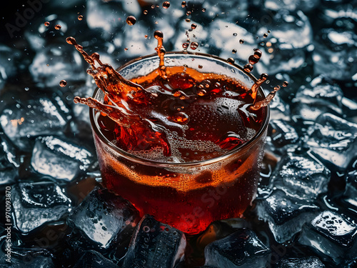 Un refrescante vaso de bebida de cola con gotas salpicando sobre cubos de hielo
 photo