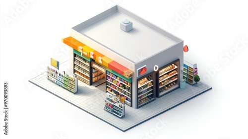 Isometric View of a Small Convenience Store with Stocked Shelves