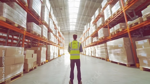 Warehouse Supervisor Managing Logistics with Workers A supervisor coordinates with workers to manage logistics in a well-organized warehouse.