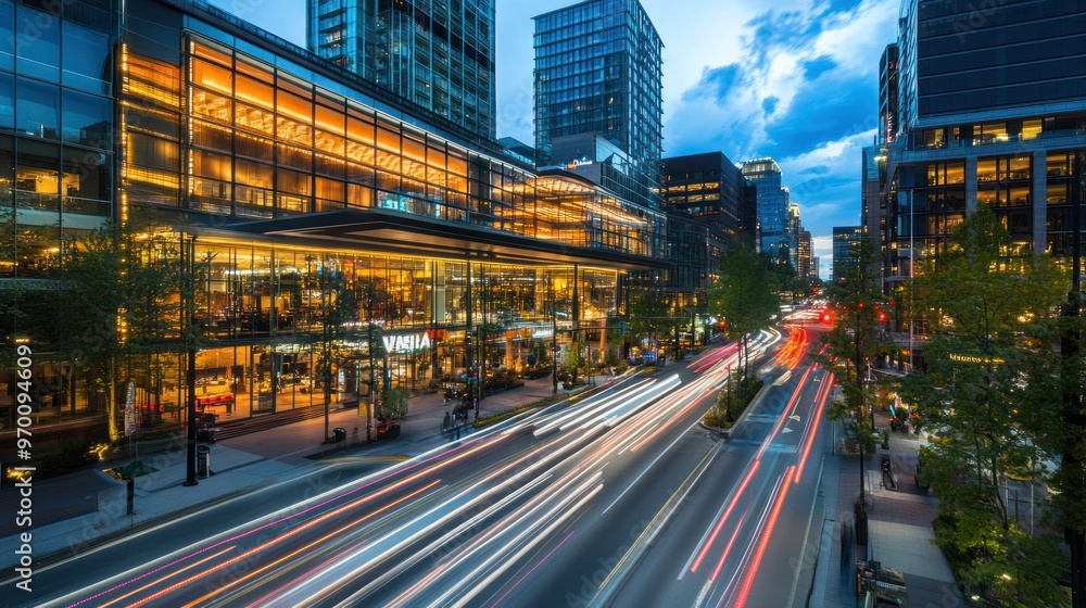Obraz premium Cityscape with Tall Buildings, Street Lights, and Traffic at Dusk