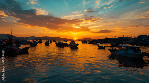 A sunset over a bustling city harbor with boats silhouetted against the orange sky and the water reflecting the vibrant colors of the evening.