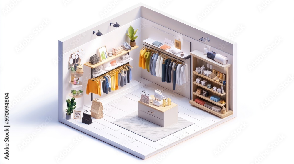 Isometric View of a Minimalist Clothing Store Interior Isometric View of a Minimalist Clothing Store Interior