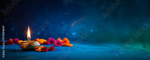 Diya burning lamp for Happy Diwali celebration. Indian Festival of lights minimalistic blue and green wallpaper. Deepavali concept with magenta and orange flowers and traditional hindu decor.