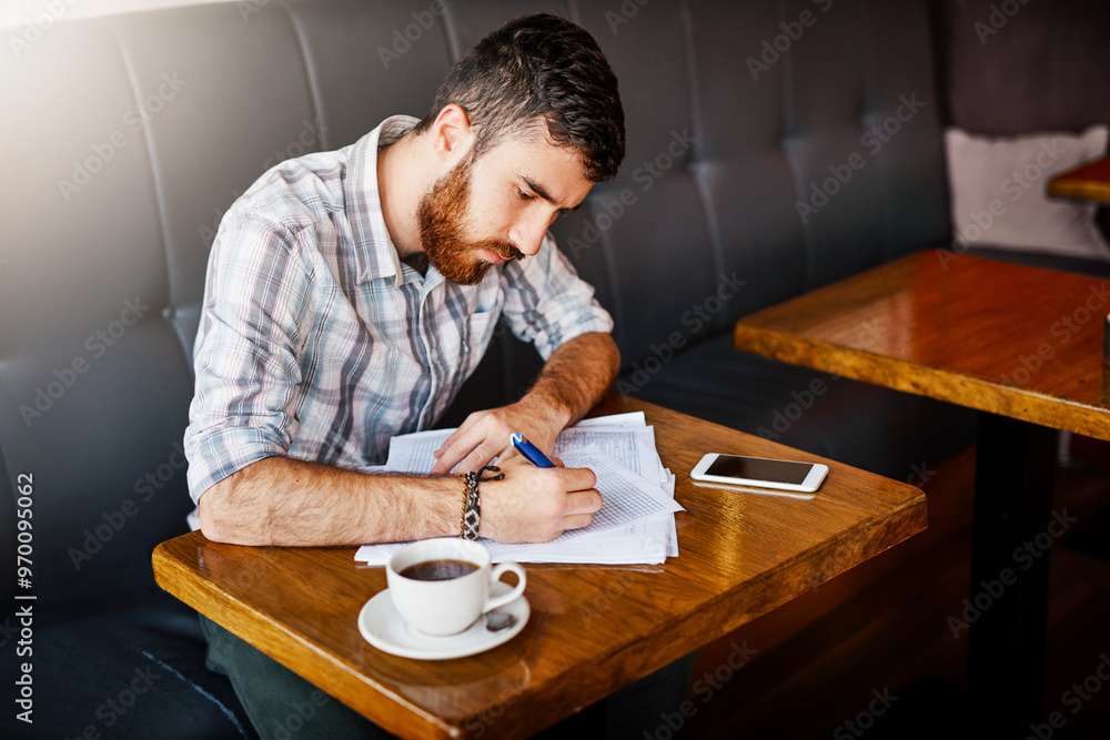 Man, coffee shop and writing with paperwork for small business as manager for inventory or stock. Male person, table and planning for food menu, restaurant or bistro as owner in hospitality industry Man, coffee shop and writing with paperwork for small business as manager for inventory or stock. Male person, table and planning for food menu, restaurant or bistro as owner in hospitality industry