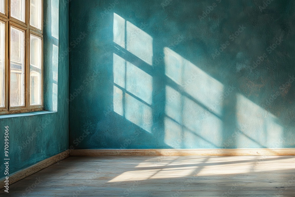 Obraz premium Sunlight Streaming Through a Window Casting Shadows on a Blue Wall and Wooden Floor