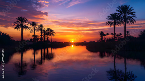 A sunset over a desert oasis with palm trees silhouetted against the vibrant sky and the calm waters of the oasis reflecting the fiery colors of the setting sun.