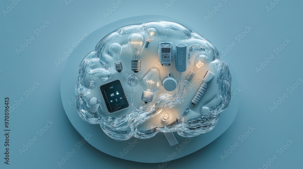 Glass Brain with Light Bulbs and Mobile Phone. Glass Brain with Light Bulbs and Mobile Phone.