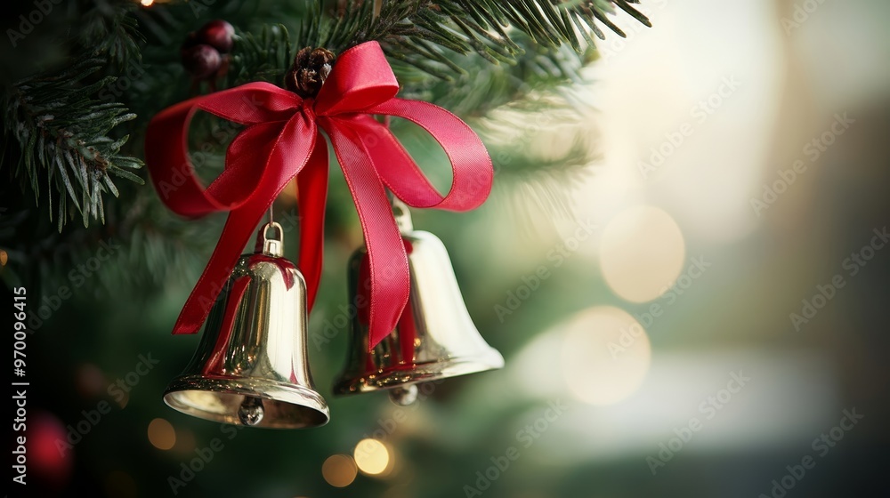 Obraz premium Beautiful Red Bow Elegantly Hanging On A Christmas Tree With Sparkling Blurred Lights In The Background For The Holidays