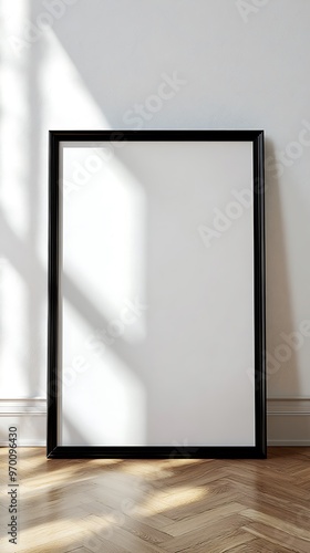 Blank picture frame mockup on a wooden floor with natural light