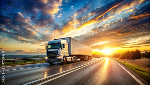 A large truck on a highway during a vibrant sunset, symbolizing transportation and logistics on open roads.
